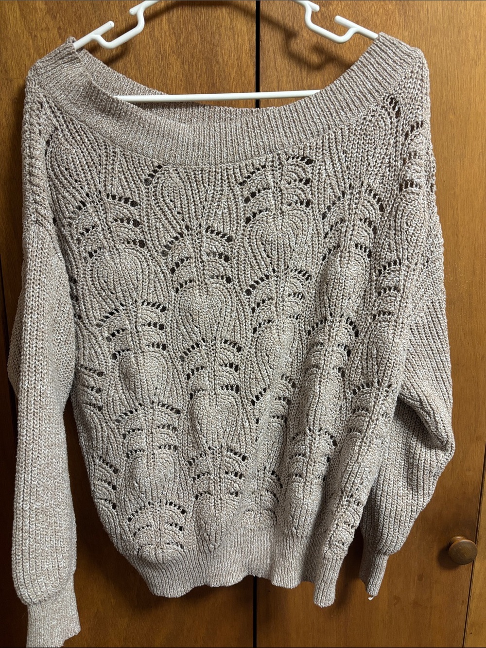 Source Unknown Taupe Openwork Off-Shoulder Knit Sweater